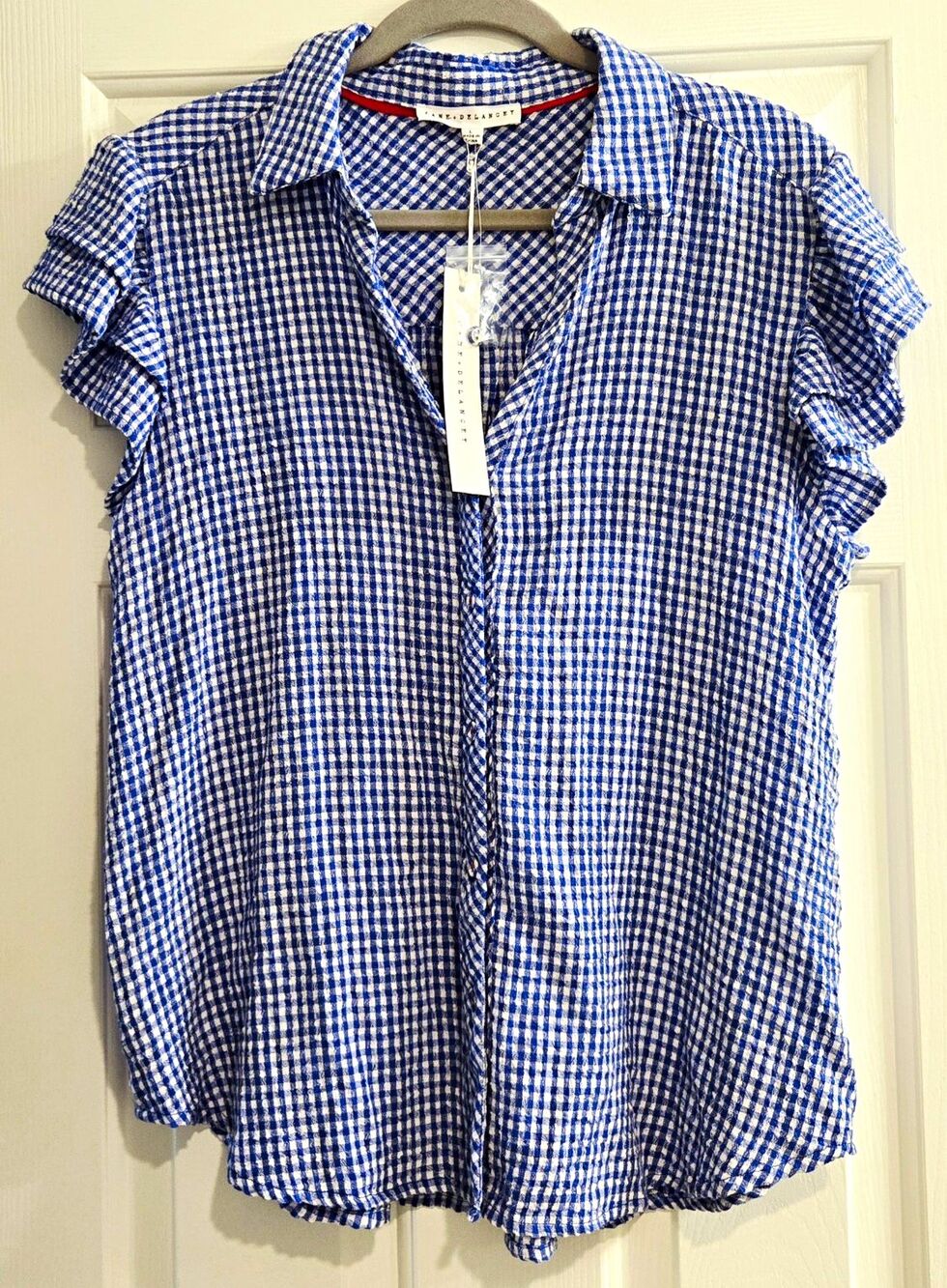 Jane + Delancey Gingham Blouse Large NWT Blue White Ruffle Sleeve Cottagecore